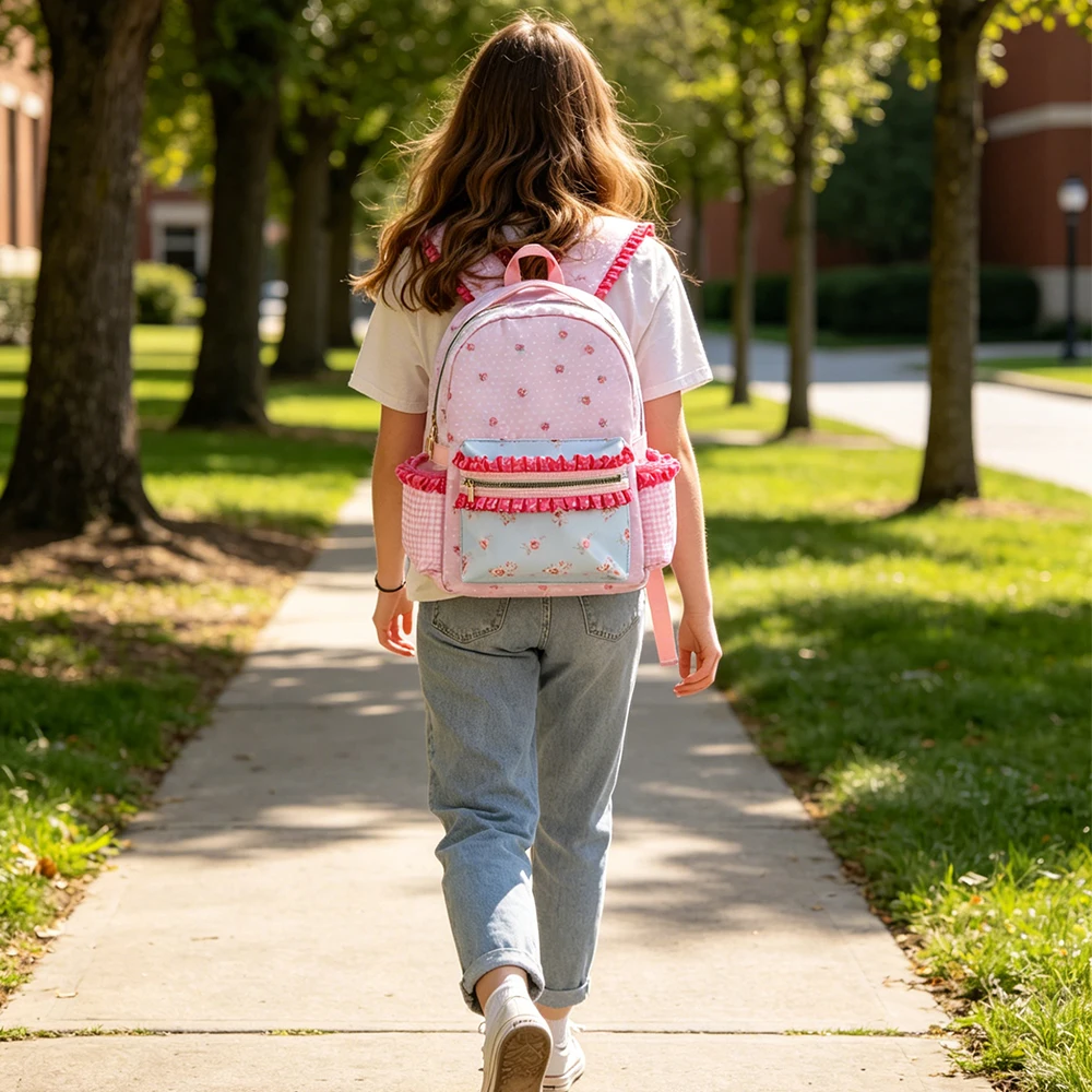 Ruffle Girls Backpack Floral Canvas Polka Dot Plaid Lining Large Capacity Pink Cute Back To School Cute