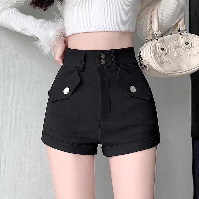 American Style Hot Girl Black Shorts Women's Spring Summer New Design Double Buckle High Waist Slim Elastic Straight Leg Hot ...