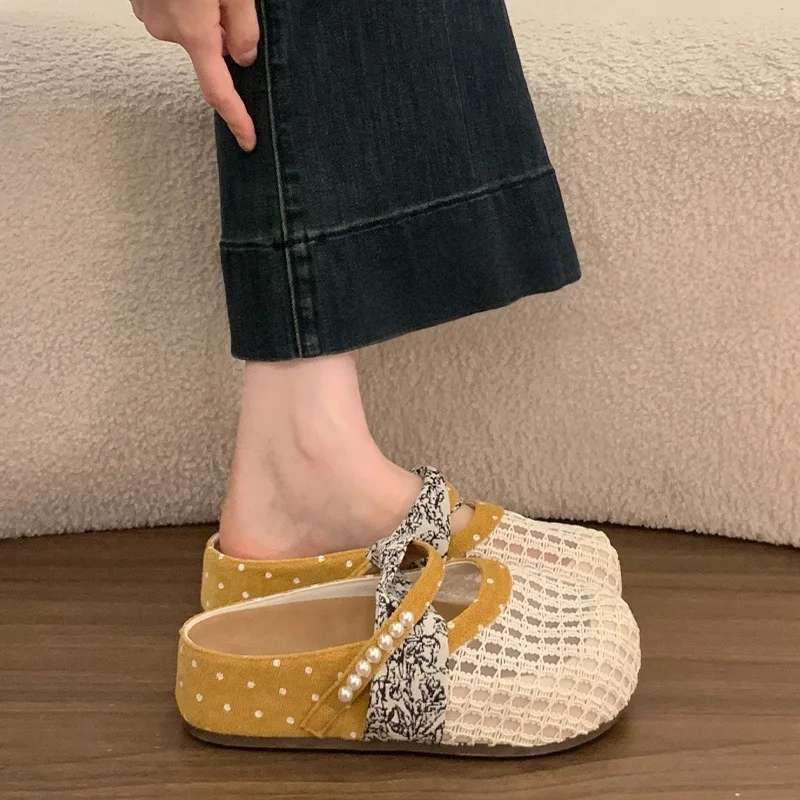 Thick Sole Height-increasing Insoles Women Closed-Toe Slippers Outerwear Mesh Surface Hollow-out Breathable Weave Sandal