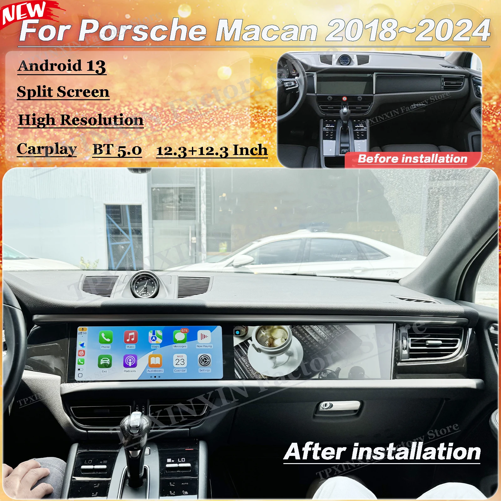 

Двойной 12,3-дюймовый мультимедийный автомобильный аксессуар Android для Porsche Macan 2018~2024 с GPS-навигацией, стереоприемником BT5.0 и головным устройством