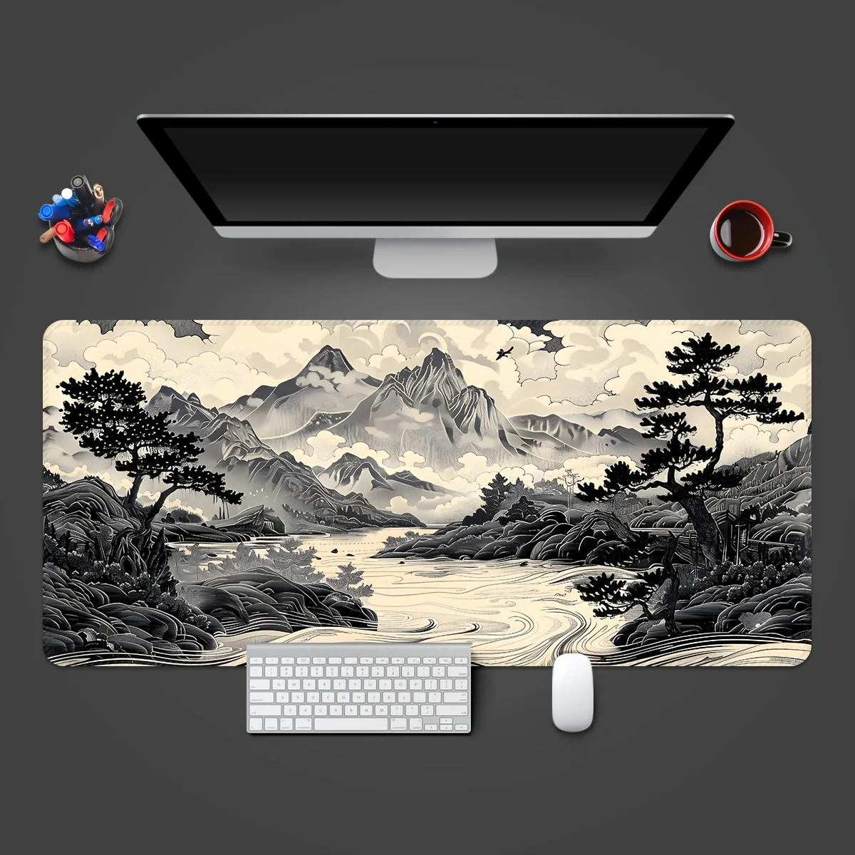 

Очень большой игровой коврик для мыши в стиле росписи тушью, нескользящие коврики для стола с резиновой основой, прошитые края, подходят для повседневного домашнего офиса