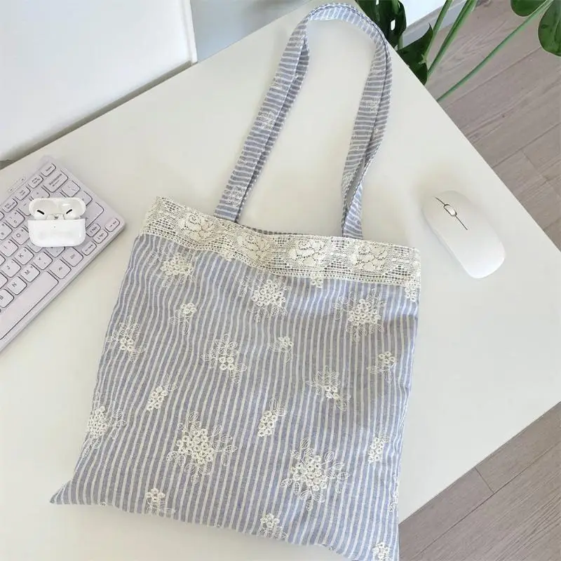 Große Tragetasche mit Spitze und Schleife im Koreanischen Stil, Einfache Canvas-Handtasche, Kawaii Stofftasche mit Großer Kapazität für Reisen – Detail 8