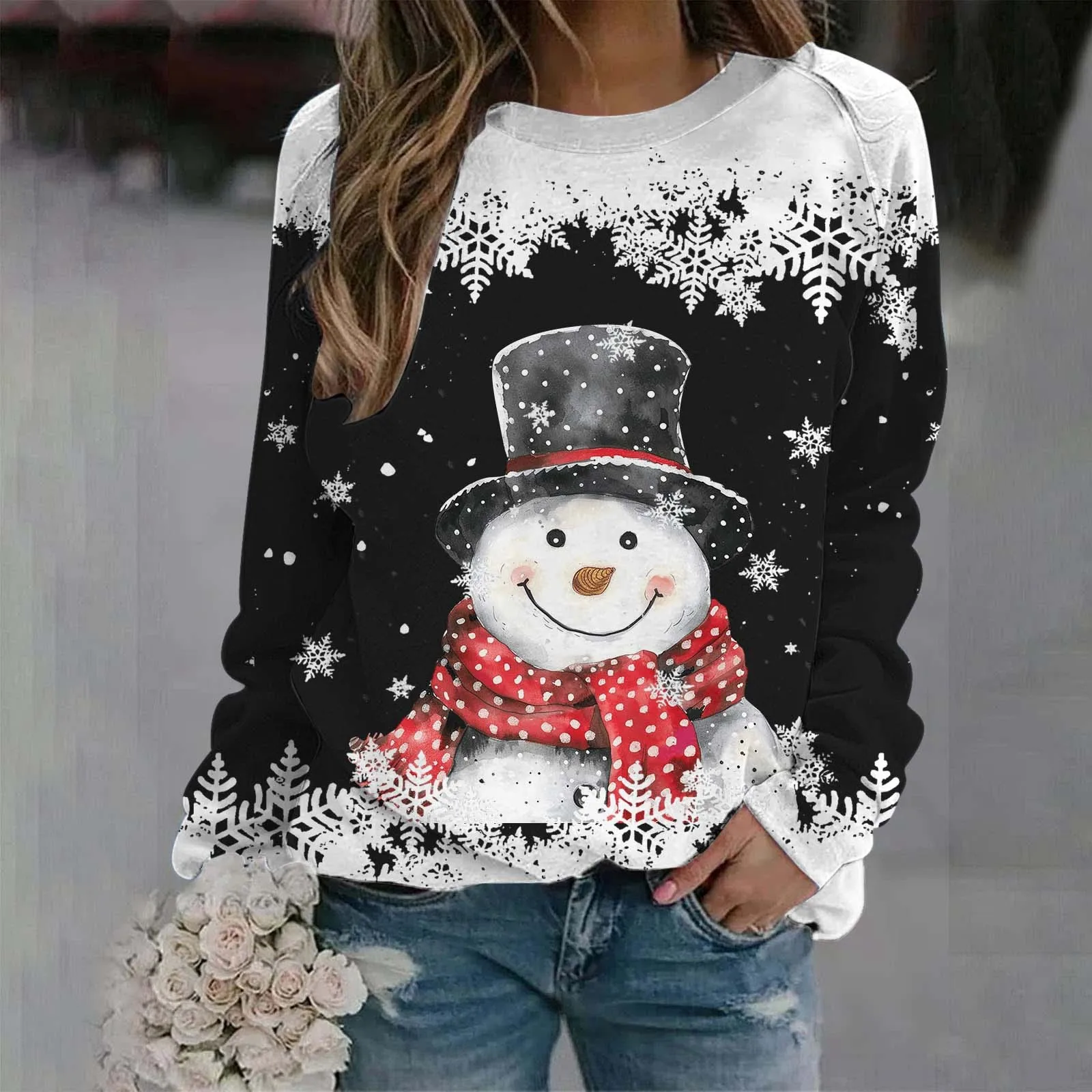 Christmas Casual Party Clothing Snowflake And Snowman Pattern Printed Women's Long Sleeved Top 2024 Autumn O-neck Sweatshirt