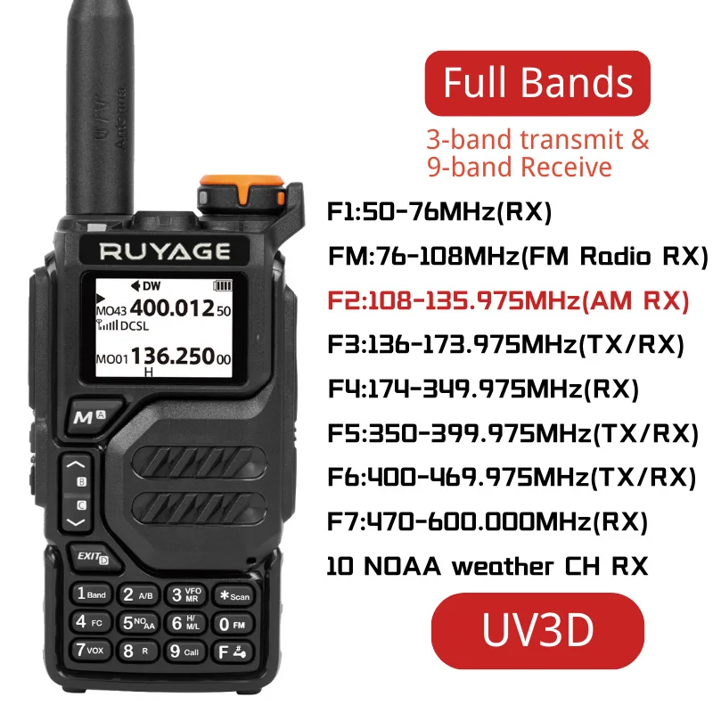 Ruyage-UV3D Air Band Walkie Talkie, Amateur Ham Radio Station, Two Way, UHF, VHF, 200CH Full Band HT, NOAA Channel, AM Satcom