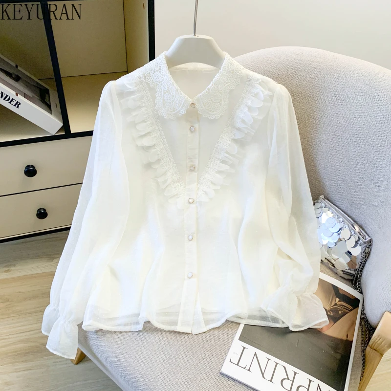 

Корейские милые блузки с оборками, женские весенние винтажные модные рубашки Tuen-down Colaar, топы Y2k Blusas Mujer De Moda