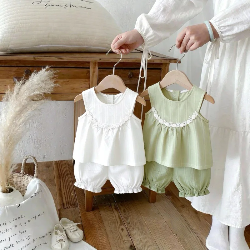 2026 Summer New Children Sleeveless Clothes Set Girls Cute Solid Lace Tops + Shorts 2pcs Suit Infant Toddler Cotton Outfits