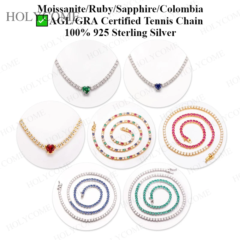 

Сертифицированная AGL/GRA теннисная цепочка из стерлингового серебра 925 пробы с муассанитом, сапфиром/рубином/камнем Колумбия, 3 мм, 16-20 дюймов, изысканные свадебные украшения, подарки