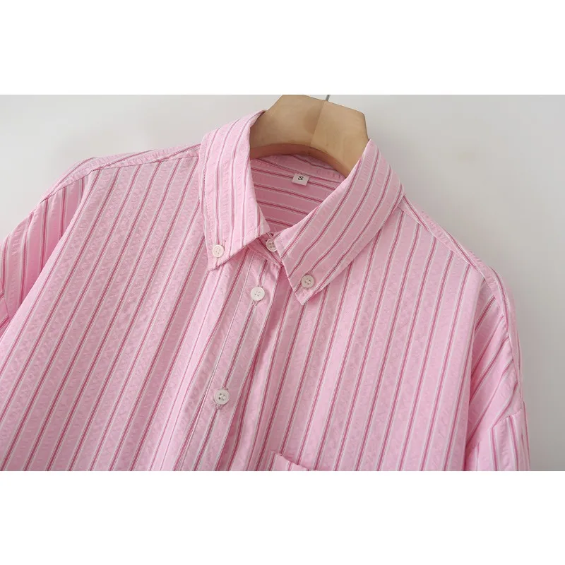 قميص نسائي مخطط وردي بأكمام طويلة فضفاض مناسب للعمل المكتبي ملابس يومية غير رسمية للربيع والصيف بلوزة مريحة