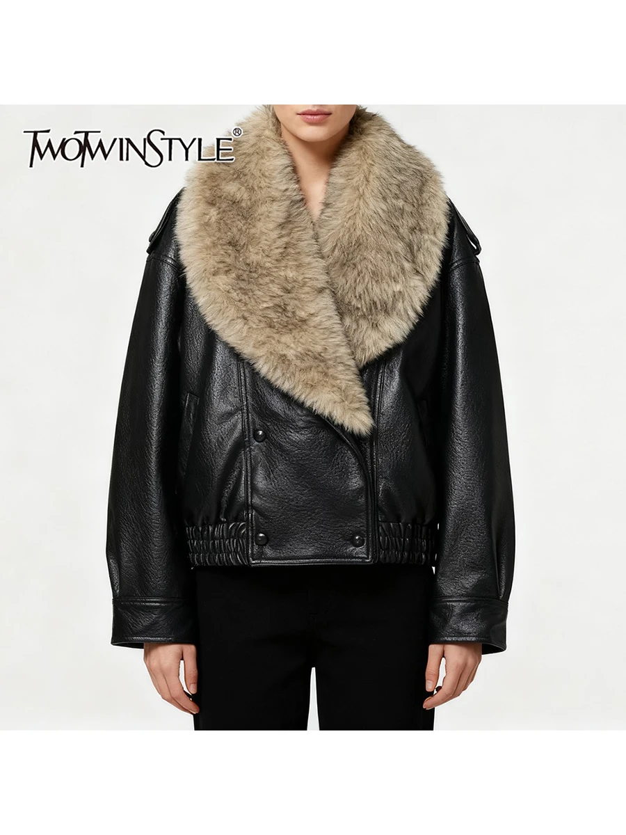 

TWOTWINSTYLE Fashion Spliced Double Breasted Leather Jackets for Women Lapel Long Sleeves Patchwork Fur Casual Jacket Female New