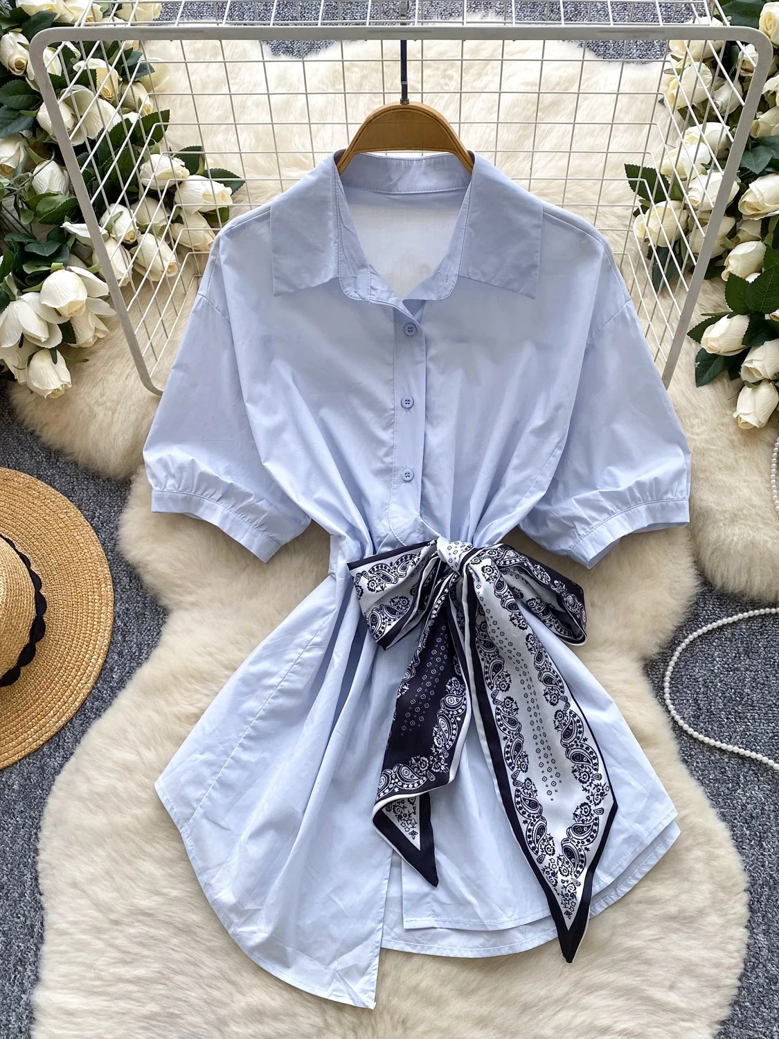 

Korean Sle mat Collar Bubble Sve irt Women Summer Uneven Knot Waist Cinching Design Sensation Lady Top