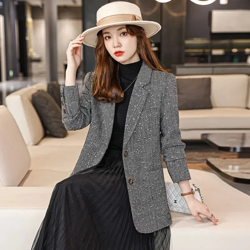 UNXX British Style Herringbone Texture Tweed Blazer Coat Retro Casual Solid Color Single-breasted Tweed Jackets Women Clothing