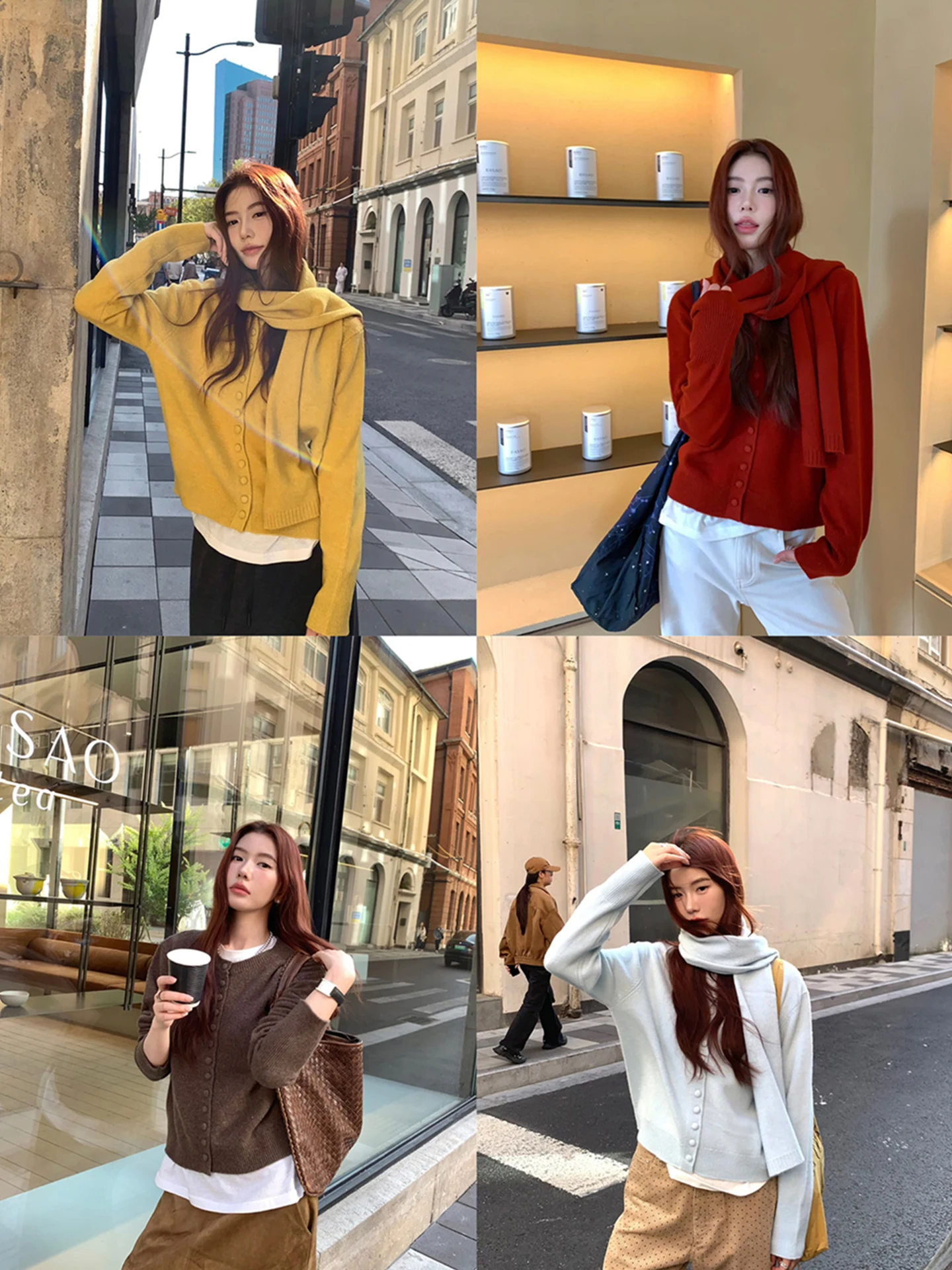 

Комплект из чистошерстяного вязаного кардигана и шарфа: повседневный свитер с круглым вырезом, универсальный цвет, короткий рукав, на пуговицах, женское пальто