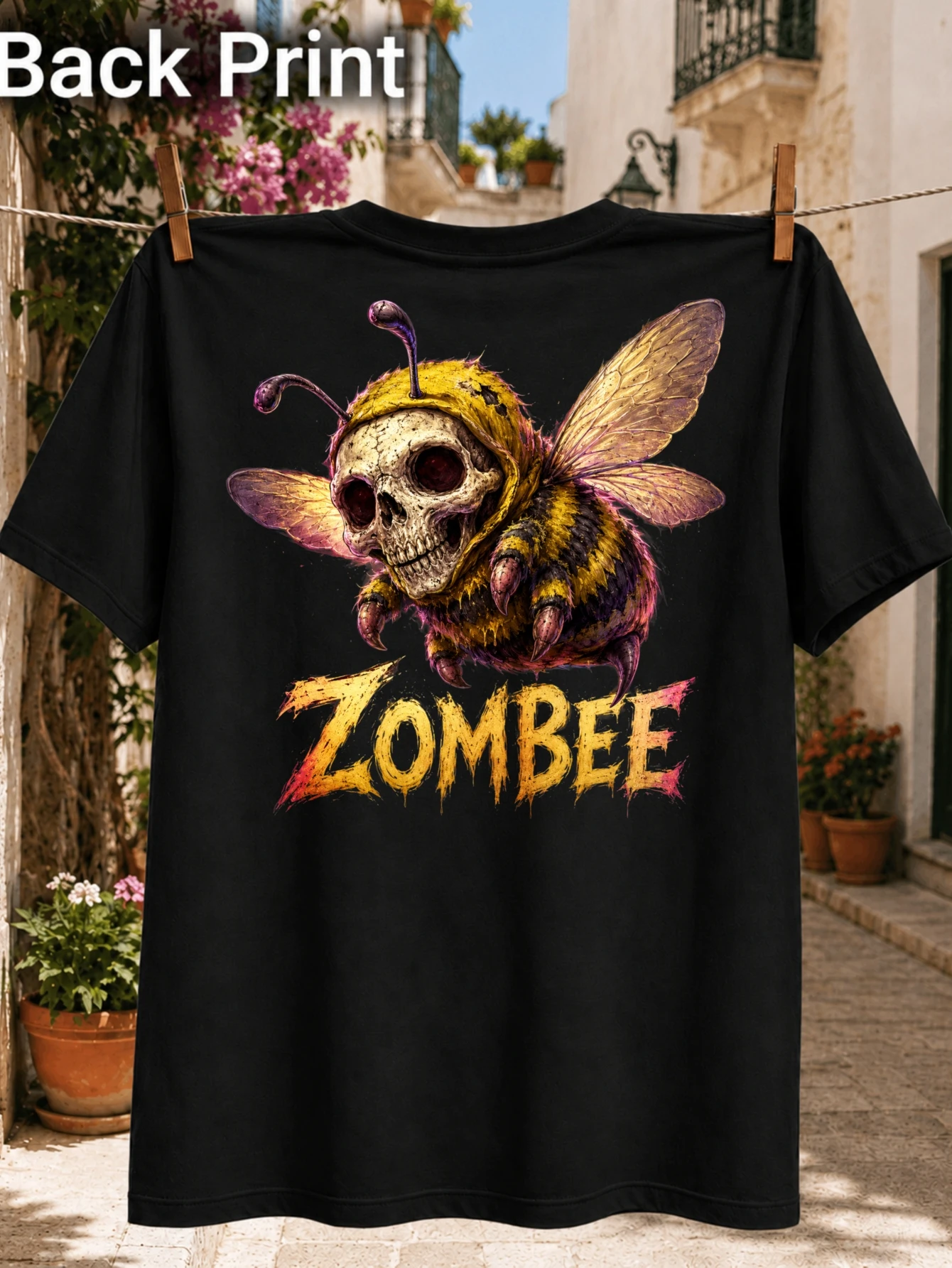 Zombee Headed Bumblebee with Dark Fantasy Wings Yellow and Purple Insect Art and Bold Horror Word  Unisex All T-Shirt