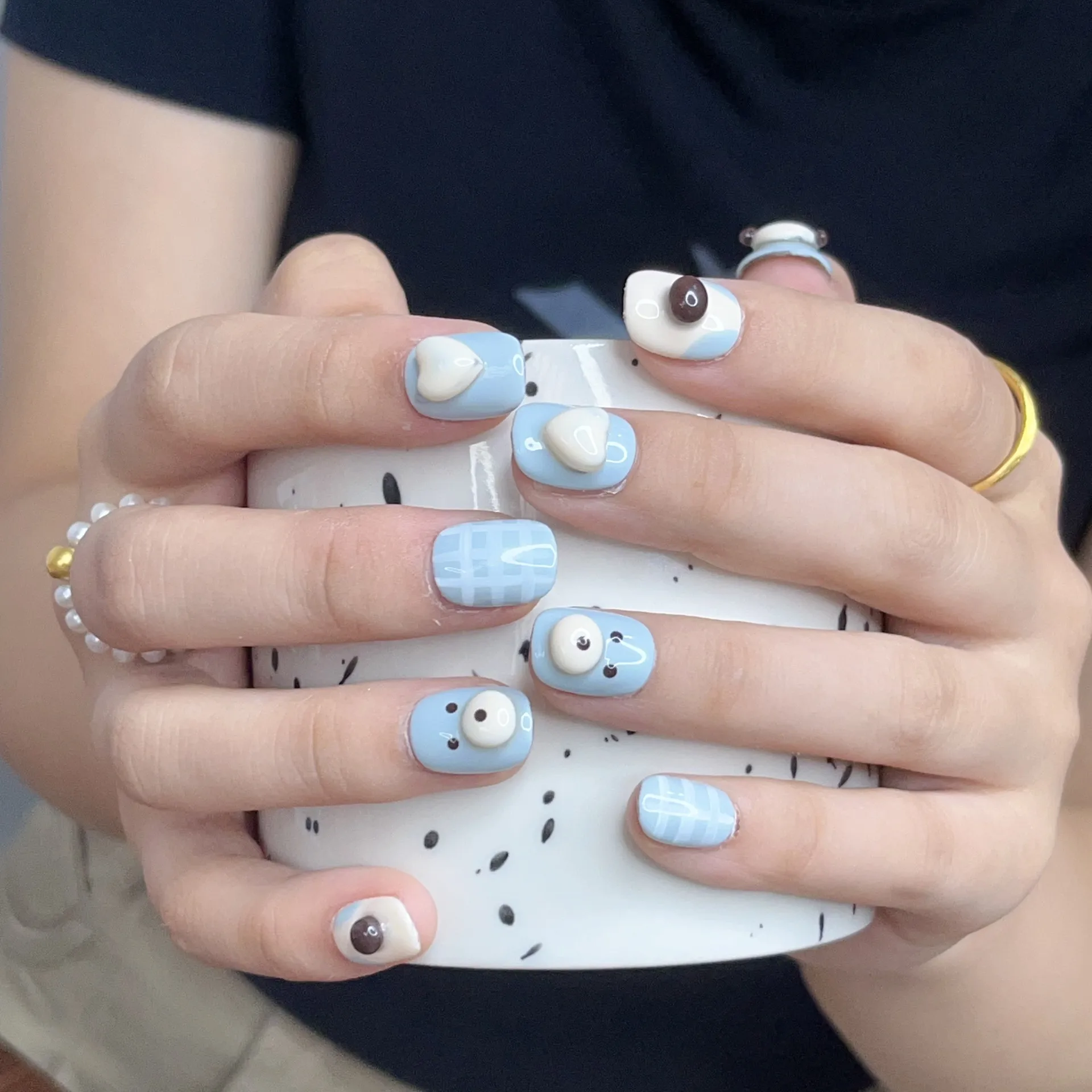 Emmabeauty Handmade Press On Nails Love Blue Dog Short Cute with Removable and White Design for Lovely and Sweet Style.No.24599