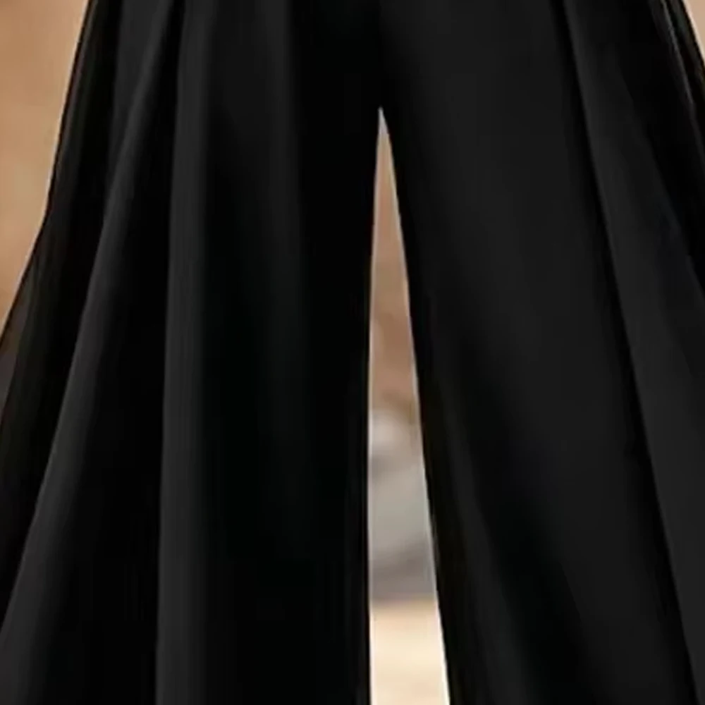 

Women's Gold Trim Layered Chiffon Wide Leg Pants High Waist Pleated Flowy Ruffle Hem Elegant Casual Loose Long Ladies Trousers