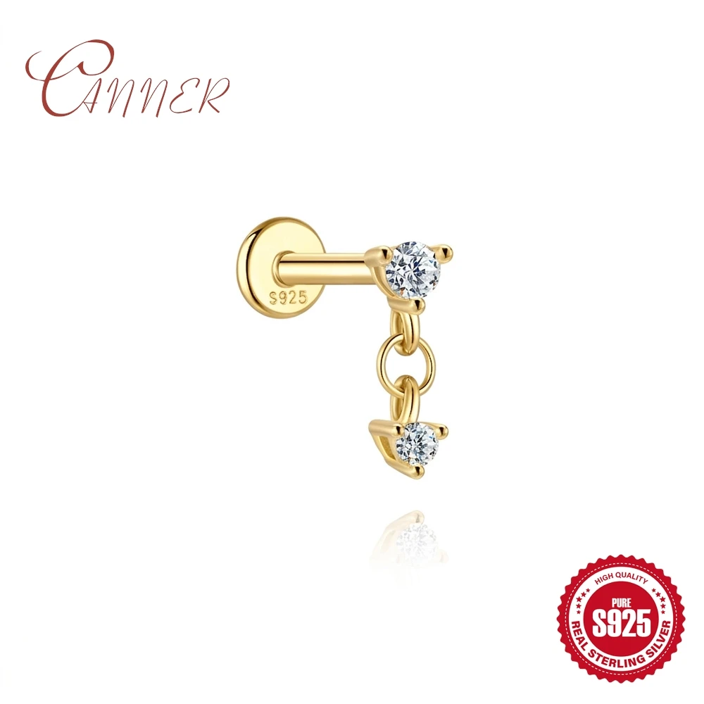 CANNER 925 Sterling Silver Round Zircon Flat Head Internal Thread Ear Bone Piercing For Women Geometric Pendant Party Gifts