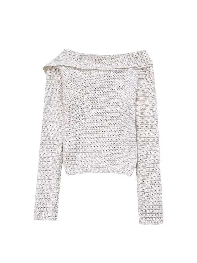 Women's Front Crossover Button Knit Sweater, Wide Lapel Collar, Long Sleeve, Female Pullover, Chic Tops, Fashion