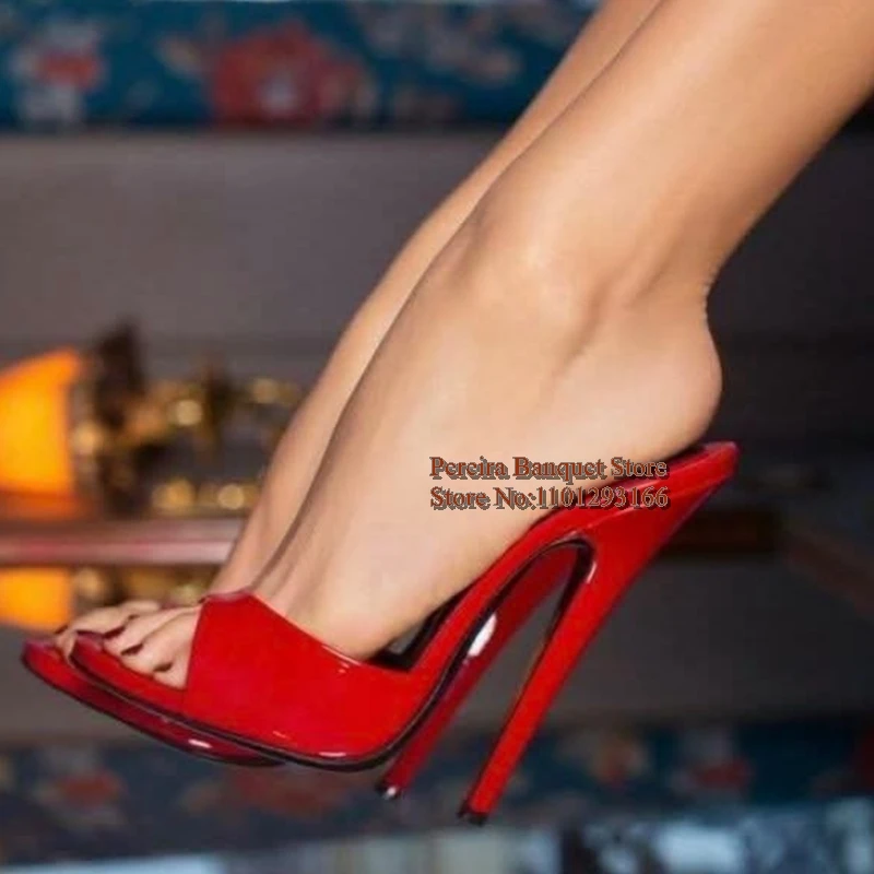 

Peep Toe Cover Heels Women Mules Shoes 14CM Slip On Patent Leather PU Female Party Dress Shoes Plus Size 45