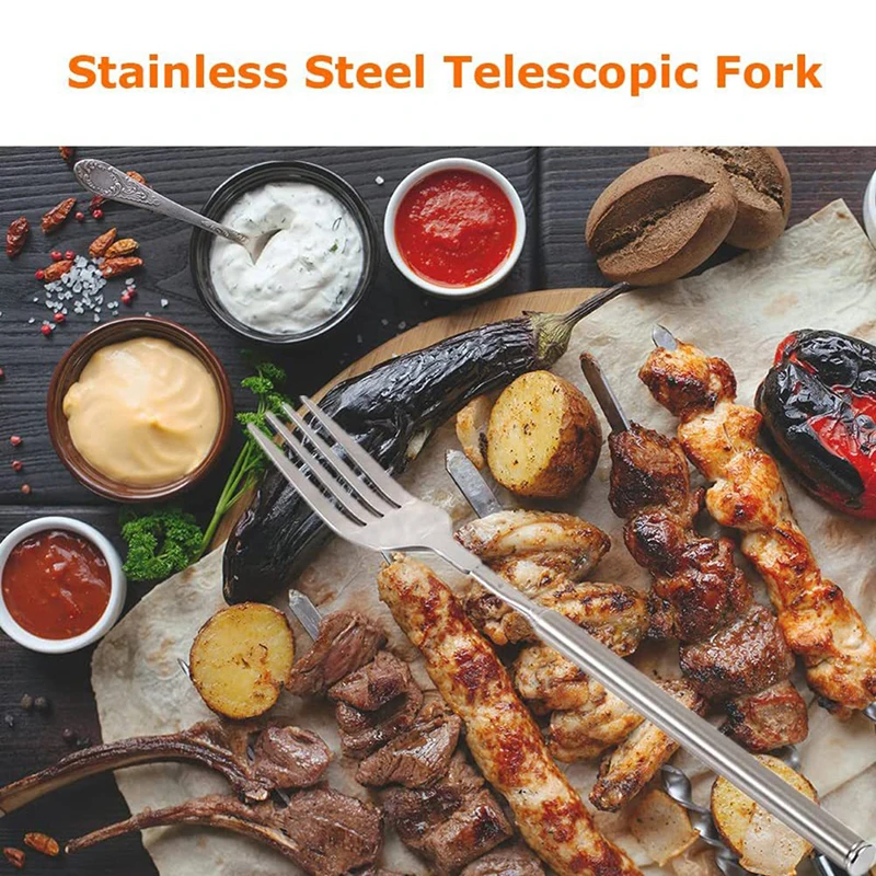 Retro Fork BBQ Telescopic Extendable Dinner Fruit Dessert Long Handle Fork Stainless Steel Cutlery Fork Tableware