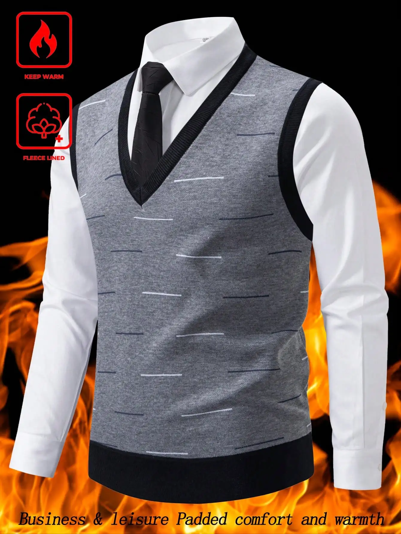 

Men's V-Neck Knitted Sweater Vest with Fleece Lining for Autumn Winter