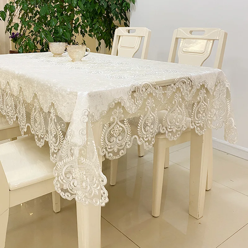 French Tablecloth White Rectangle Table Cloth Lace Patchwork Table Cover for Dining Table Kitchen Solid Color Decor Tablecloth