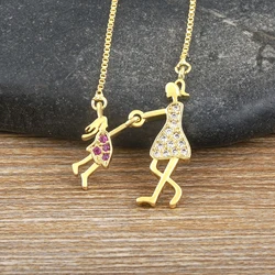 Nidin Exquisite Gold Plated Mom Daughter Necklace Girl Boy Pendant Chain Choker Cubic Zirconia Jewelry Mother's Day Gift