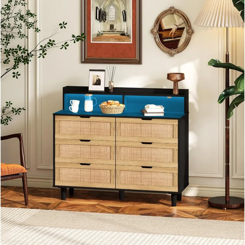 LED variable light six drawers with open storage rattan chest