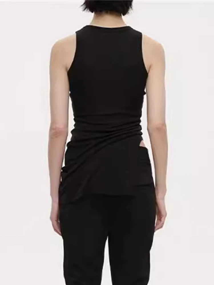 DEAT Fashion Sexy Women\'s Short Tank Tops Round Collar Sleeveless Folds Side Split Slim Thin Tops Summer 2024 New Tide 7AB4130