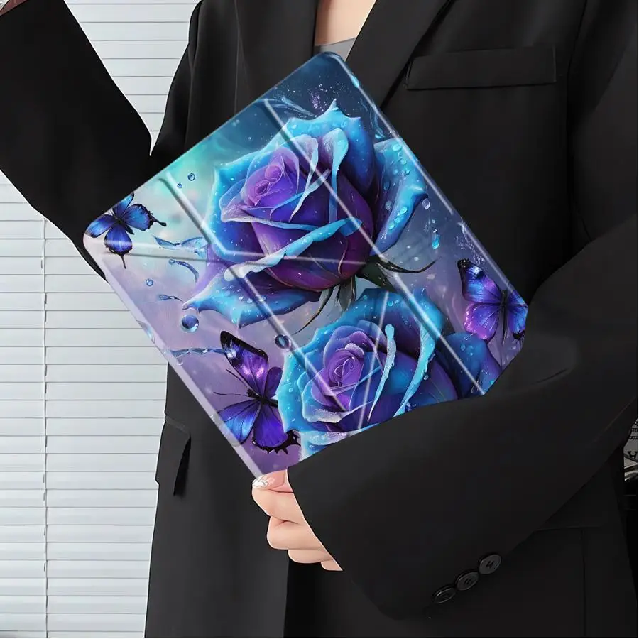 

Чехол для планшета iPad Pro 2025, Pro 11-го, 10-го, 9-го, 8-го, 7-го поколений, 12.9 дюймов, Mini 6, 7, Air 4, 5, M3, M2, 1, 2, M4, 11 дюймов, с держателем, синие цветы