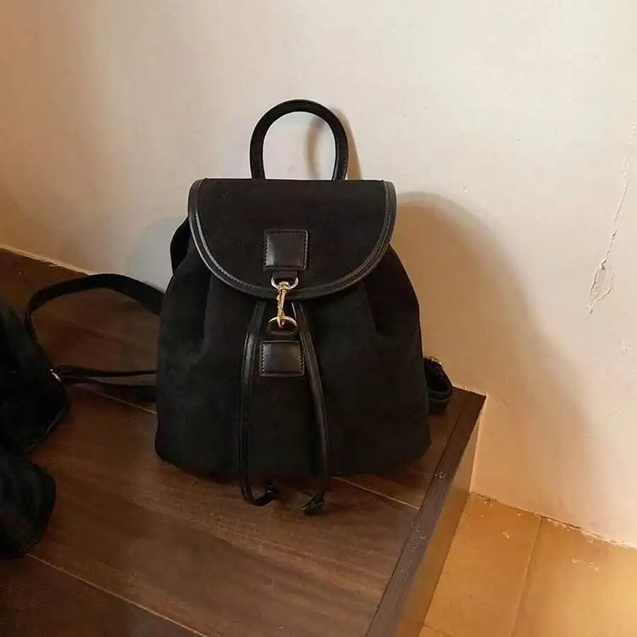 

Womens Retro Faux Suede Drawstring Backpack With Flap Closure Casual Shoulder Bag