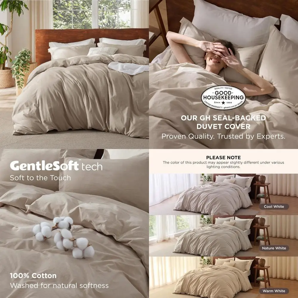 

100% Cotton Duvet Cover Set Cal King - Minimalist Frosted Almond Washed Linen Style - GentleSoft Plain Si for Comfortable Sleep