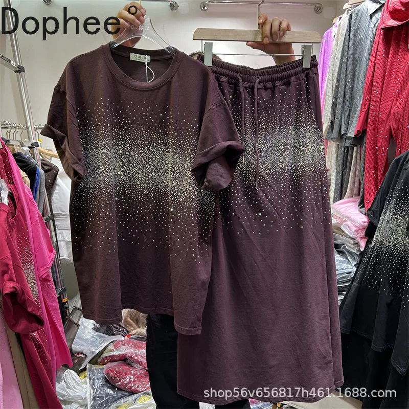 

Shiny Hot Drilling Women Two-piece Set 2025 New Summer Pullovers Loose Short Sleeve T-shirt Top + Elastic Waist A-line Skirts