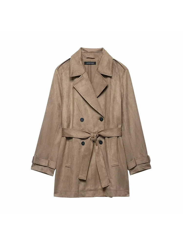 

Women 2025 Autumn Winter Suede Jacket Long Sleeve Belt Coat Fashion Casual Trench Jackets Streetwear New In Outerwears