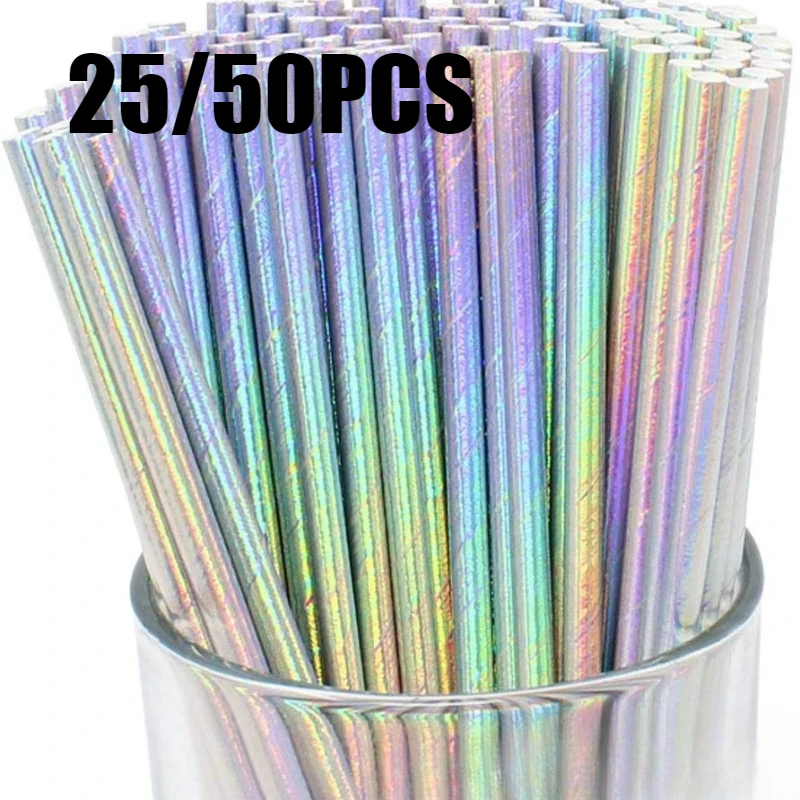 Canudos laser de papel descartáveis, 25/50 peças, canudos arco-íris, bebidas de cerveja, suco, aniversário, festa de casamento, natal, necessidades diárias
