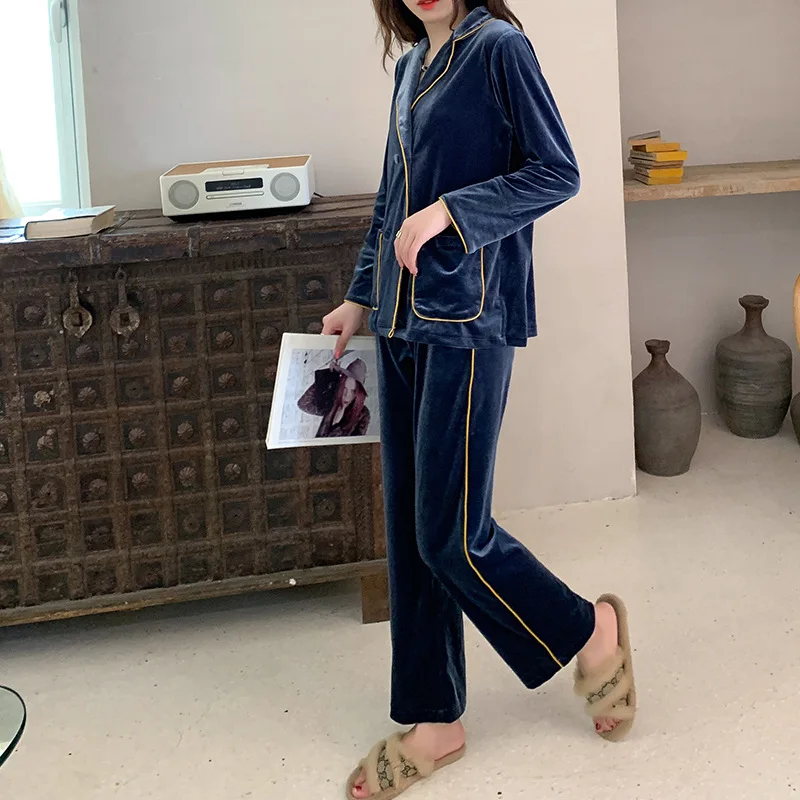 Autumn Winter Women 2PCS Pajamas Set Fashion Velvet Sleepwear Trouser Suits with Pockets Loose Velour Home Clothes Lounge Wear