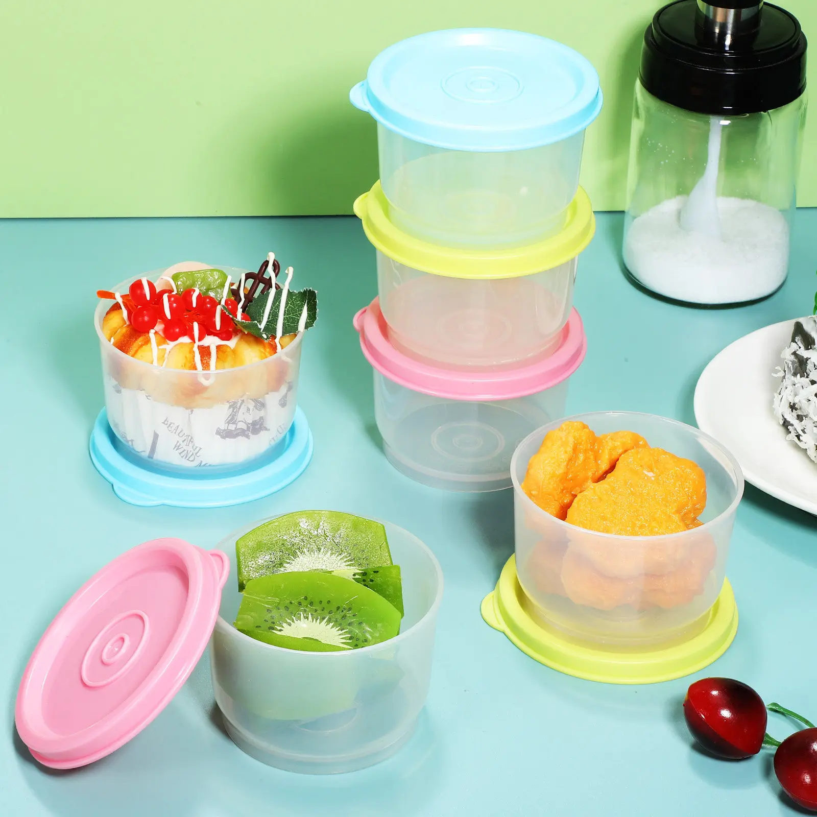 6Pcs Food Containers 160Ml Reusable Plastic Food Storage Boxes with Tight Seal Clear Body Color-Coded for Snacks Lunch Meal Prep