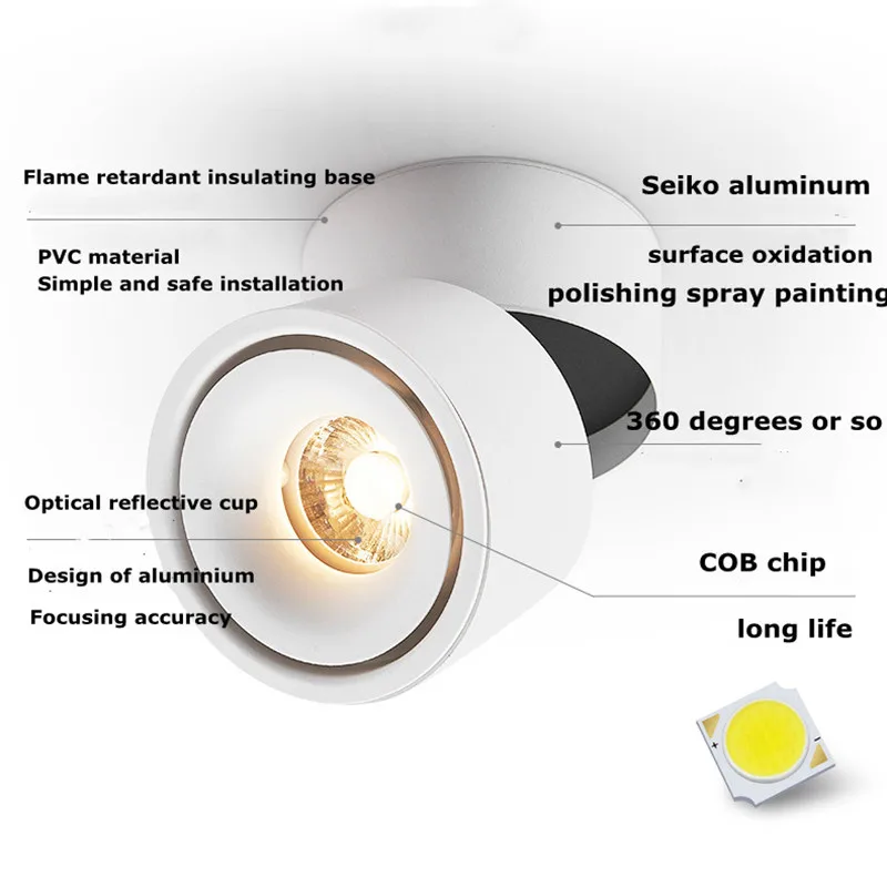 Surface Mounted Dimmable Rotating LED Spot Light Ceiling Lamp 7W10W12W15W18W20W COB Downlights Foldable And 360 Degree Rotatable