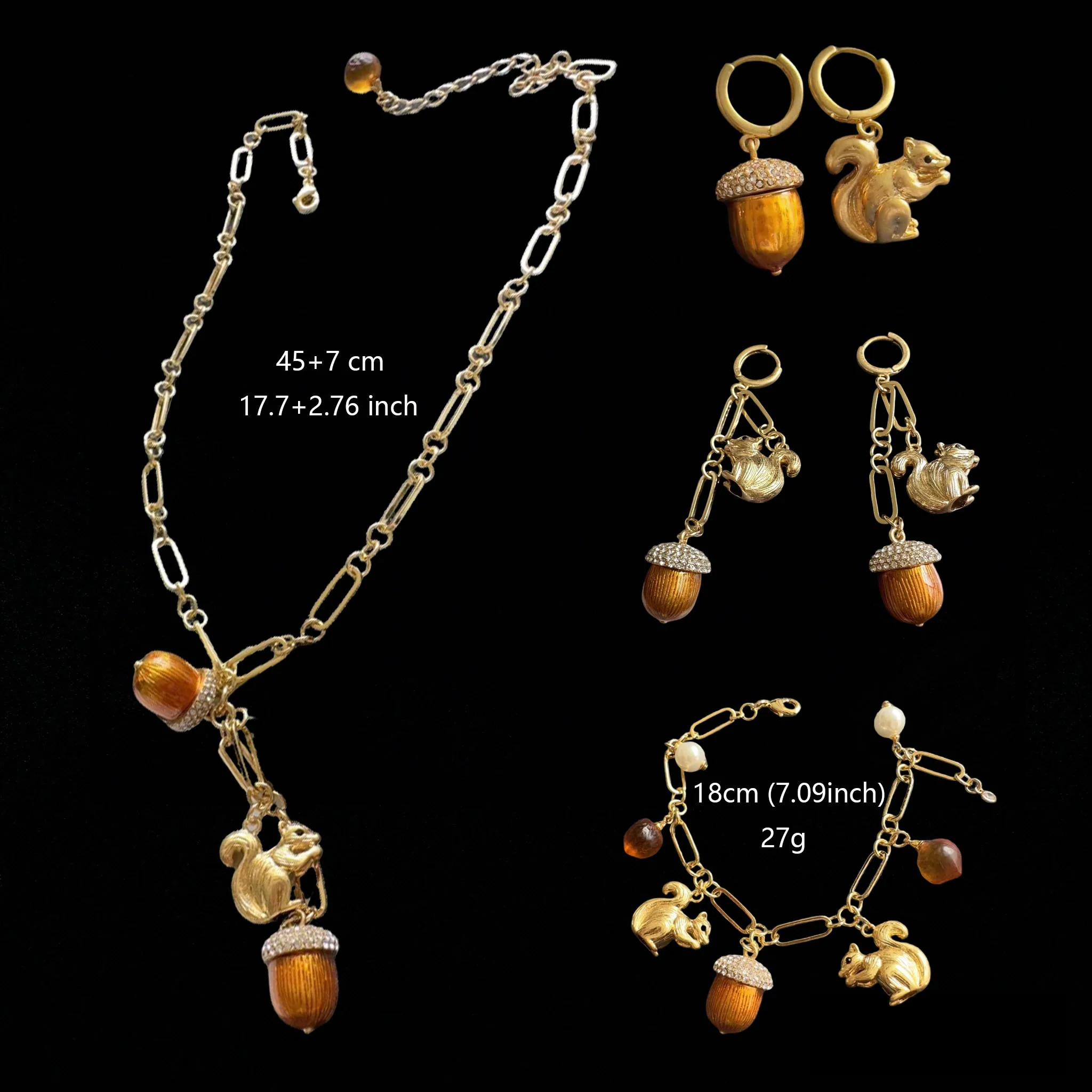 Vintage Squirrel Earrings Necklace Bracelet Set Orange Pinecone Bracelet Animal Sweater Chain Jewelry Birthday Gifts for Women