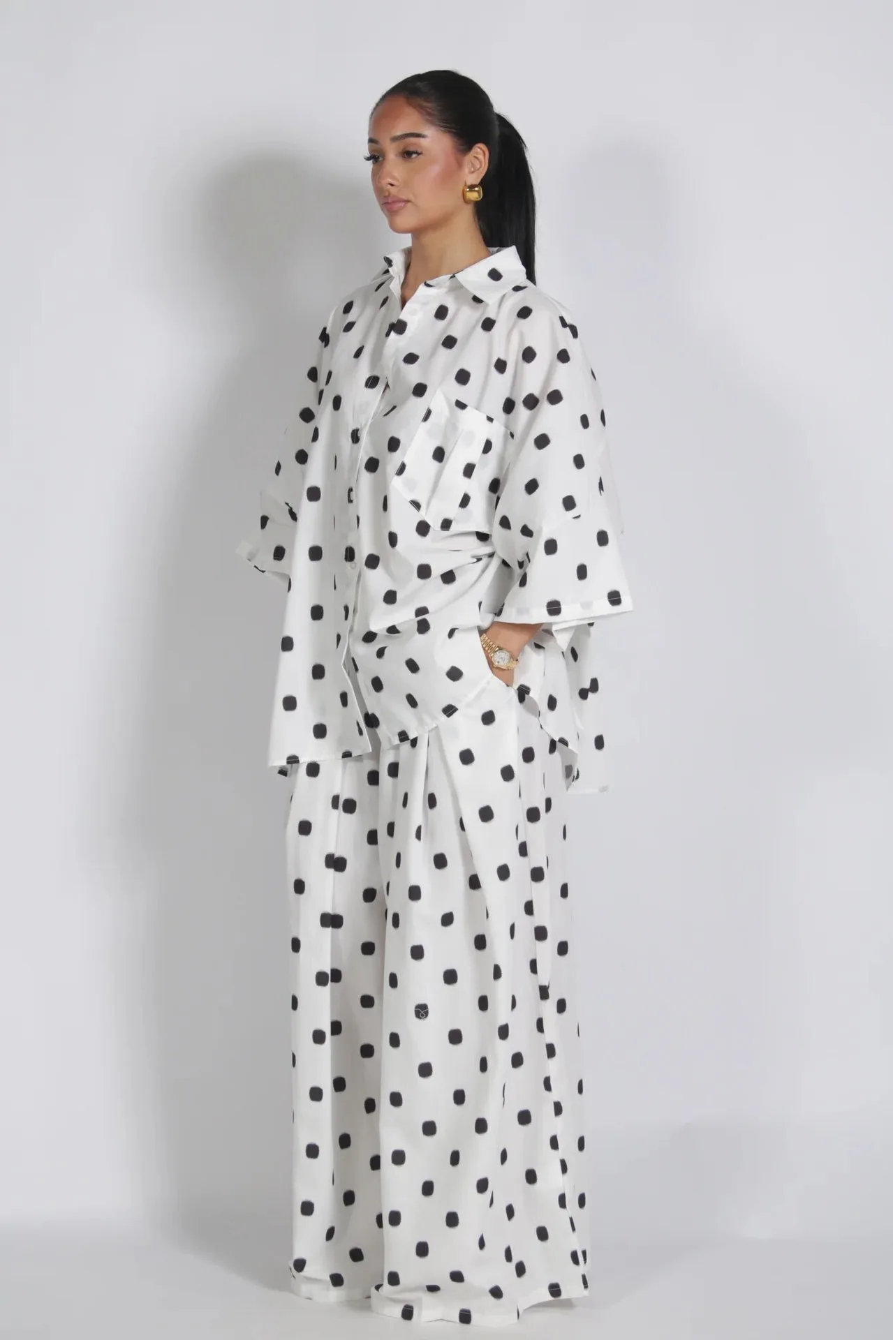 2026 Vintage Polka Dot Two‑Piece Set Women Oversized Loose Shirt & Wide Leg Pants Casual Matching Outfit