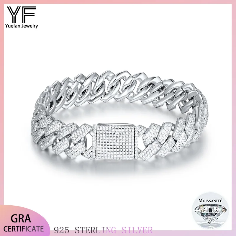 

S925 silver moissanite men's Cuban chain, full diamond HipHop style jewelry gift, 18K gold-plated bracelet and VVS certificate