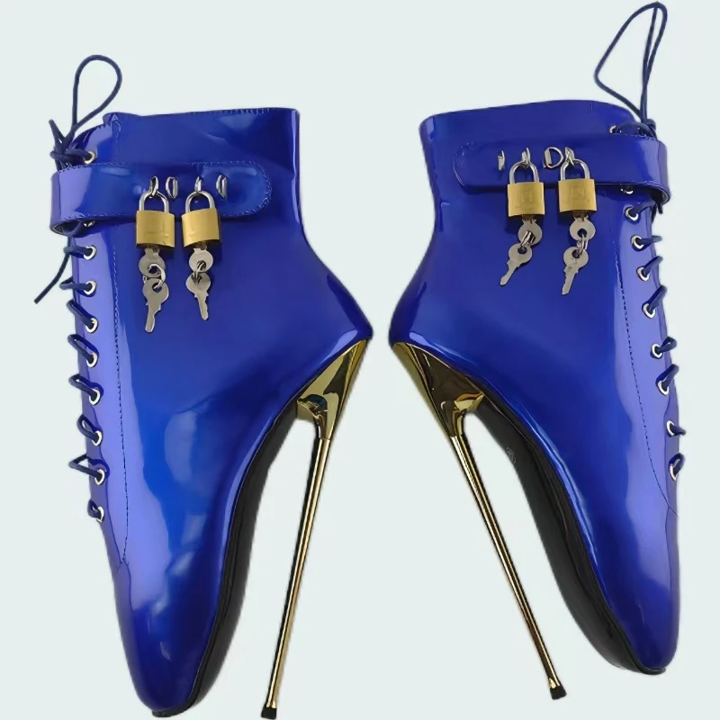 FHC 22 cm Stivaletti da donna con tacco alto in metallo, Botas corti fetish, Scarpe da letto da uomo Cosply, Lacci frontali, Blu, Colori