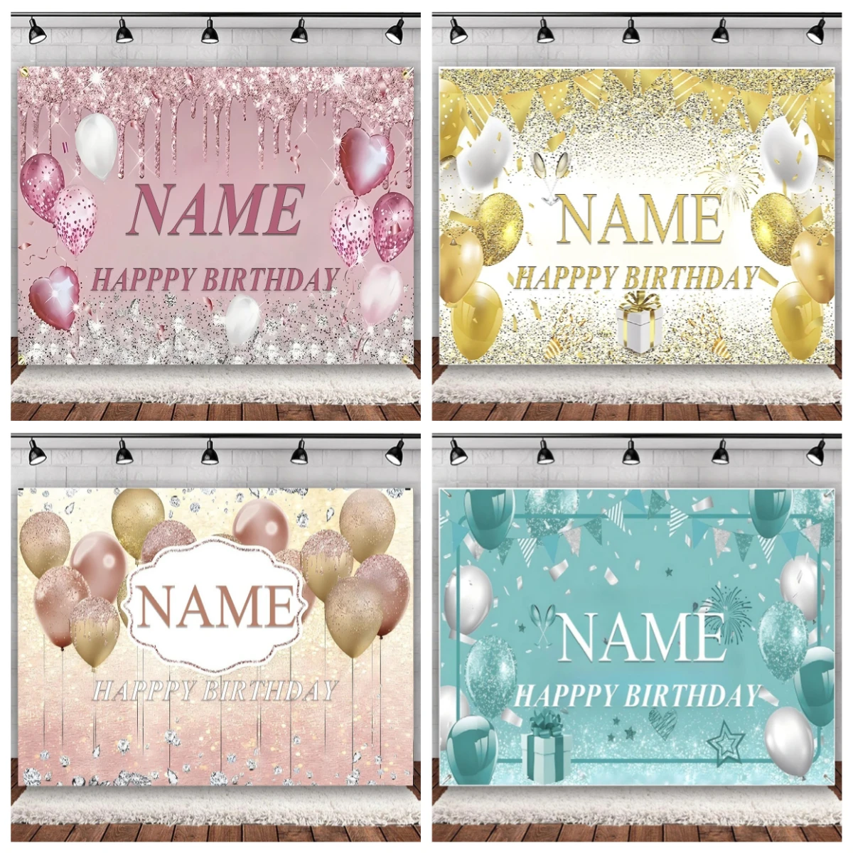 Custom Name Charm Photo Gold Silver Glitter Birthday Party Banner Background Baby Shower DIY Adult Birthday Photography Backdrop