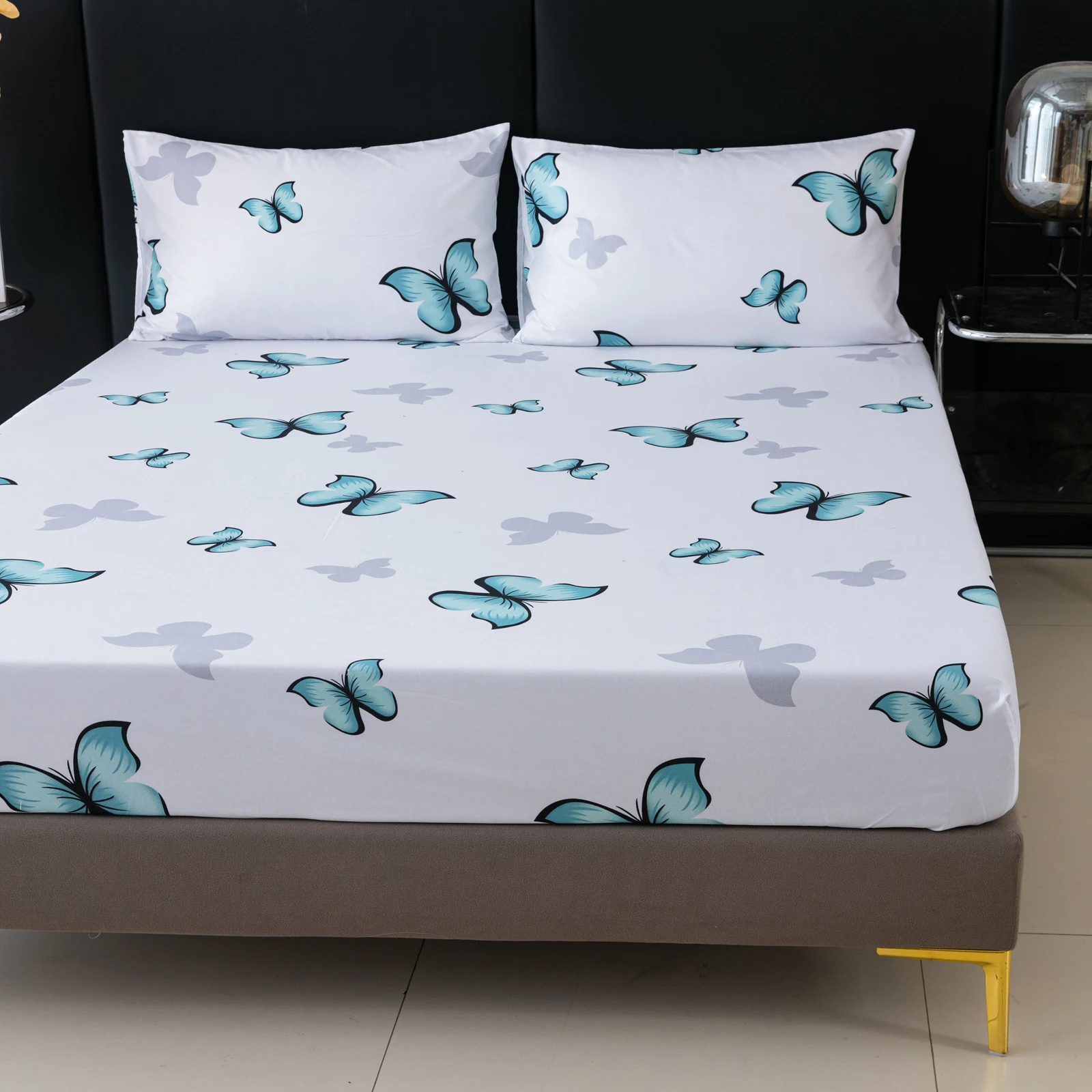 Butterfly Pattern Polyester Fiber Three-Dimensional Dirt-Resistant Fitted Sheet, Soft and Comfortable Printed Fitted Sheet, 1 Piece Mattress Cover (Excluding Pillowcase, Pillow Core), Polyester Five-Sided Wrapped Floral Fitted Sheet, Suitable for Bedroom, Dormitory, Guest Room, All-Season Use, Machine Washable