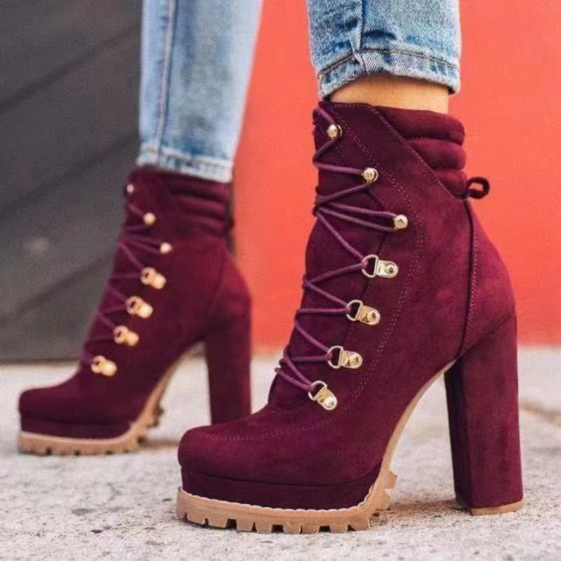 Platform High Heels Boots Women Ankle Boots Suede Woman Shoes Woman High Heels Sexy Motorcycle Boots Lace Up Punk Botas Mujer