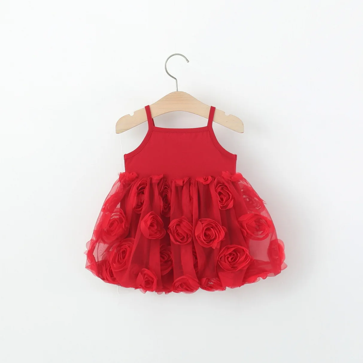 Toddler Girl Dress Red 3D Rose Sleeveless Spaghetti Strap Tulle Dress Cute Birthday Party Dress for 0-3Y Kids