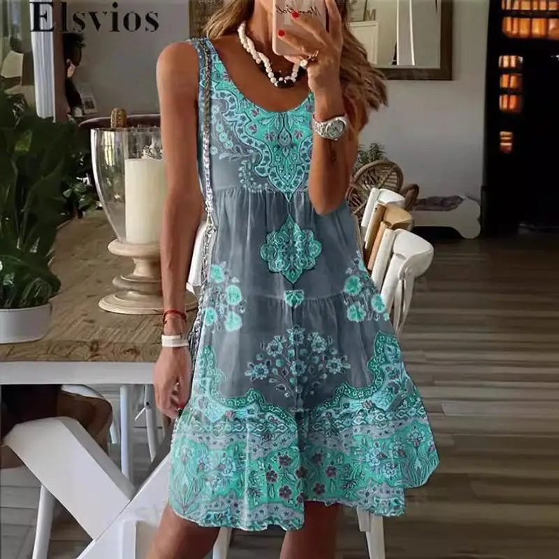 Bohemian Retro Sleeveless Mini Dress 2024 Summer Loose Ruffle Vacation Dress Women O-neck Pattern Print A-line Short Dress