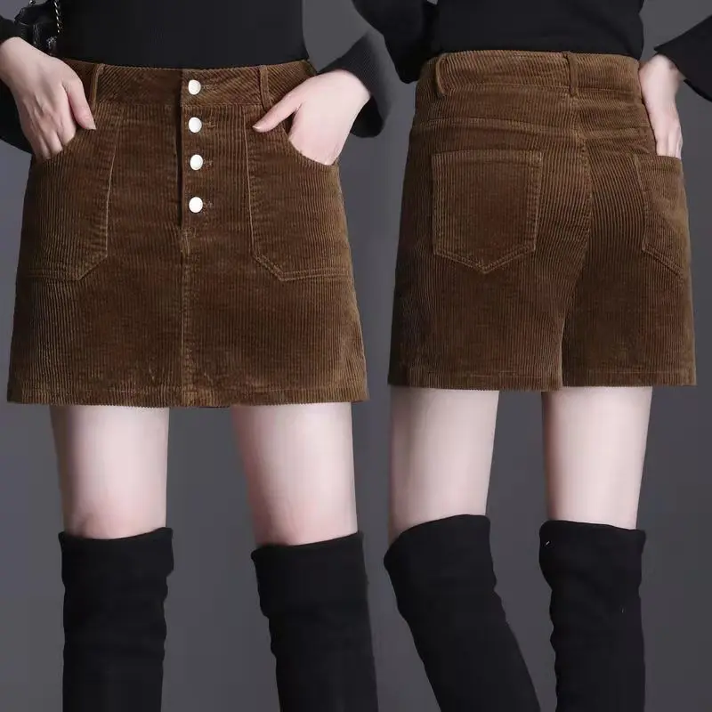 

2023 New Button High Waist Shorts Women Solid Autumn Spring Corduroy Skirt Shorts Fashion Lady A-line Pocket Shorts Female S29