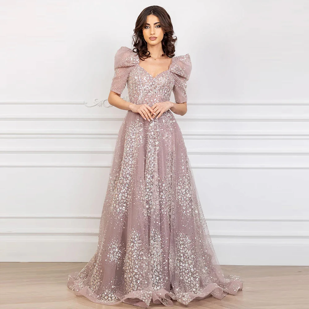 Alinovia Elegant Arabic A-Line Beaded Evening Dress for Women 2025 Puff Sleeves Long Formal Prom Weding Party Gown Customized