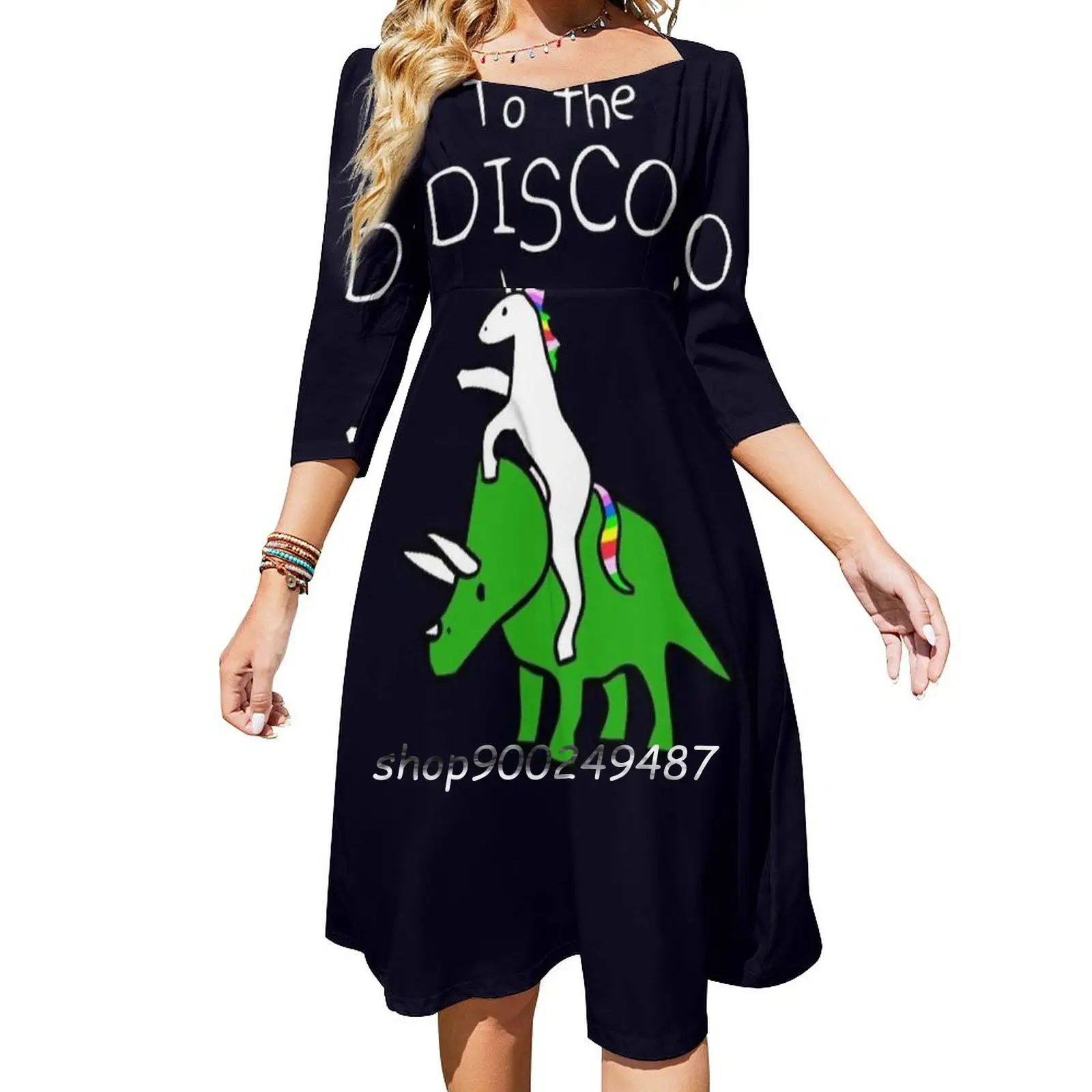 

To The Disco ( White Text ) Unicorn Riding Triceratops Square Neck Dress Sweet Summer Dress Women Elegant Halter Print Dress