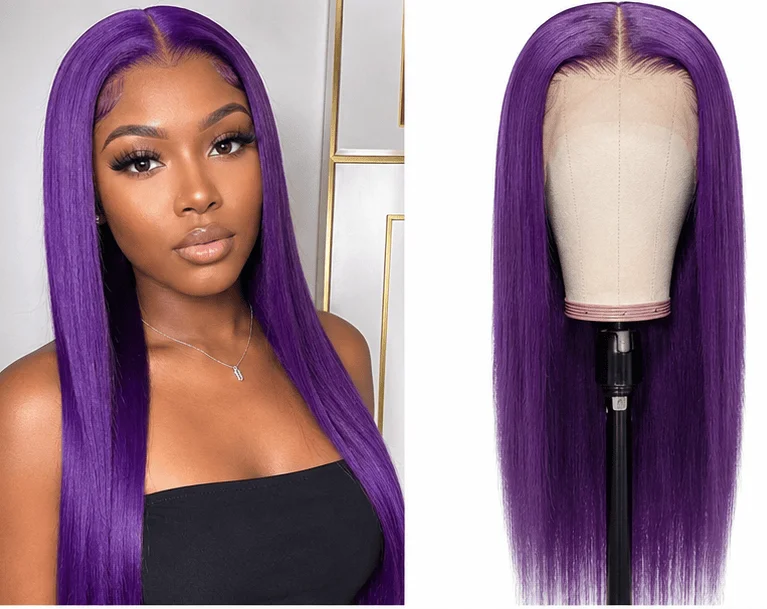 Purple Straight Glueless Human Hair Wig 200% Density Lace Frontal Wig PrePlucked Transparent 4x4 5x5 Lace Closure Wig for Women